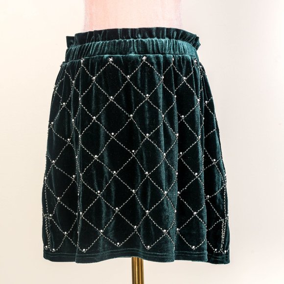 NWT Endless Rose Womens Beaded Velvet A-Line Skirt  L  - GREEN! - Picture 3 of 4